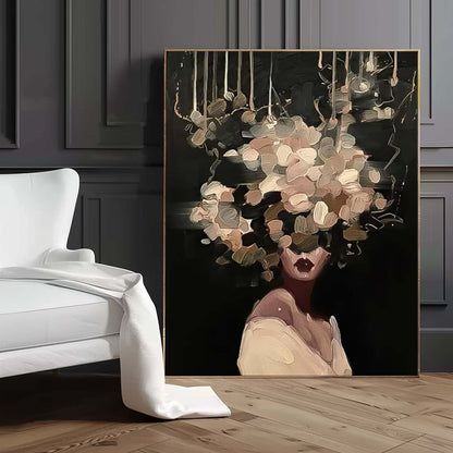 Elegant Woman with Floral Headpiece - Modern Oil Painting for Home Decor
