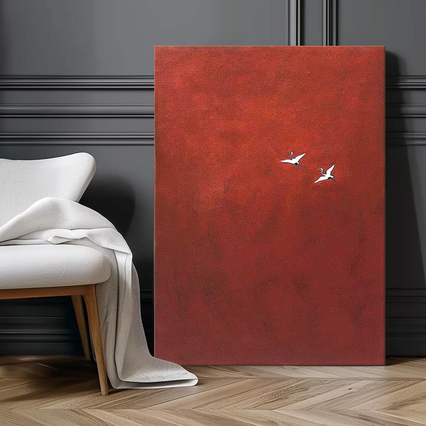 Elegant Red Minimalist Oil Painting with Birds in Flight for Modern Home Décor