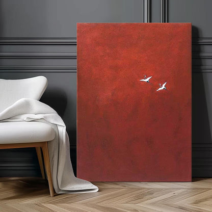 Elegant Red Minimalist Oil Painting with Birds in Flight for Modern Home Décor