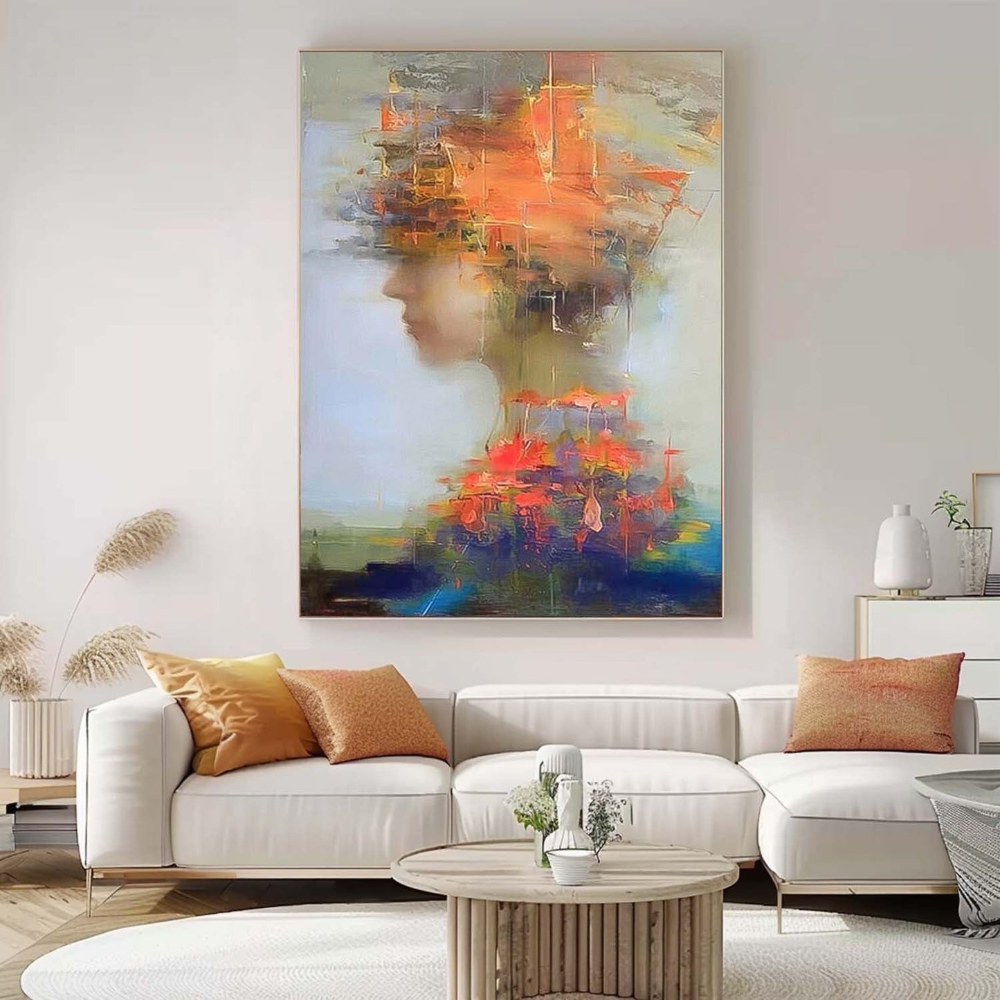 Abstract Oil Painting of a Woman with Vibrant Colors and Expressions