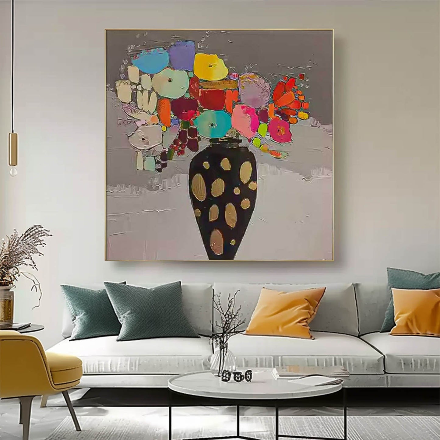 Vibrant Floral Still Life Oil Painting in Elegant Black Vase for Home Decor