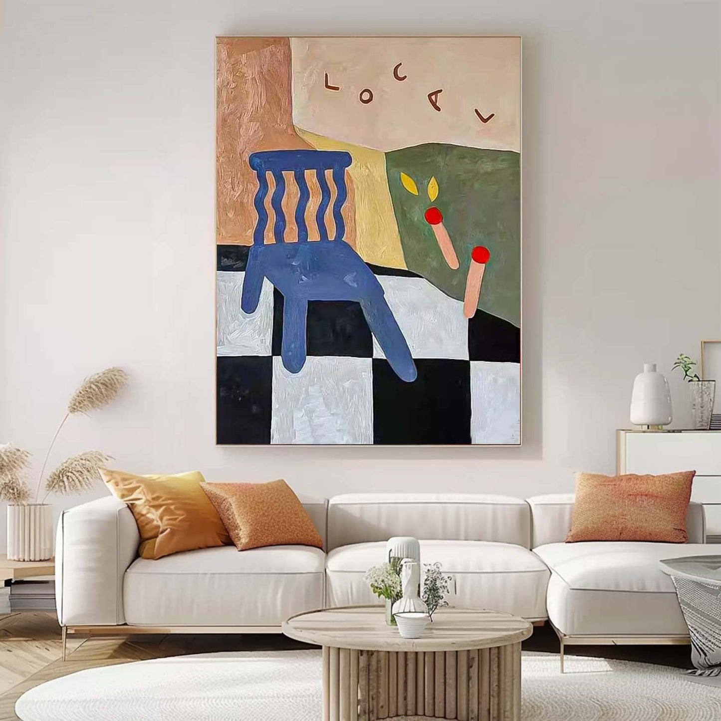 Colorful Abstract Oil Painting of a Chair with Geometric Elements for Modern Decor