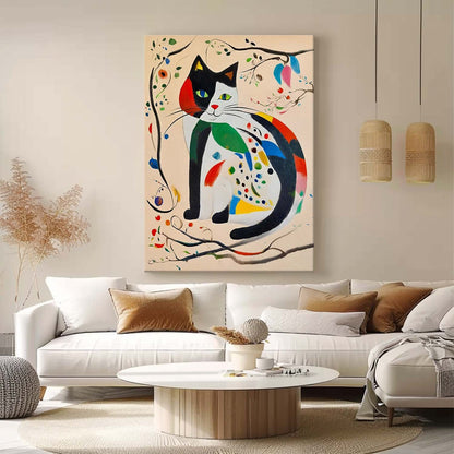 Whimsical Cat Oil Painting with Colorful Abstract Floral Accents