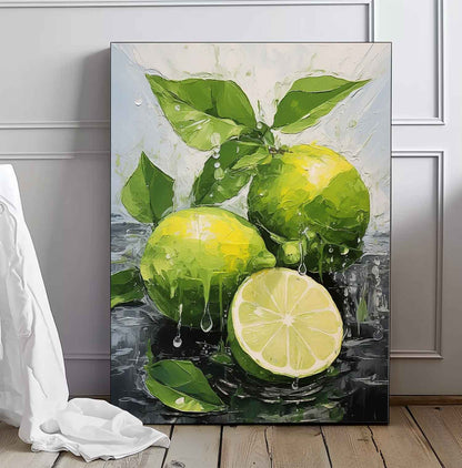 Vibrant Lemon Still Life Oil Painting with Fresh Leaves and Water Drops