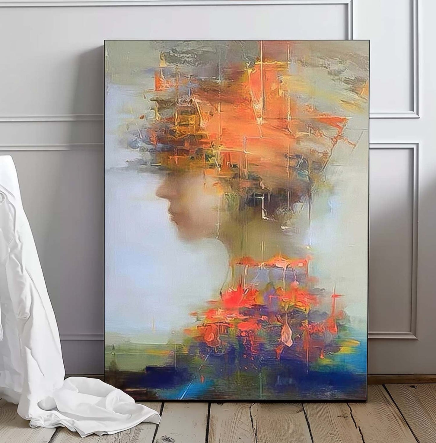Abstract Oil Painting of a Woman with Vibrant Colors and Expressions