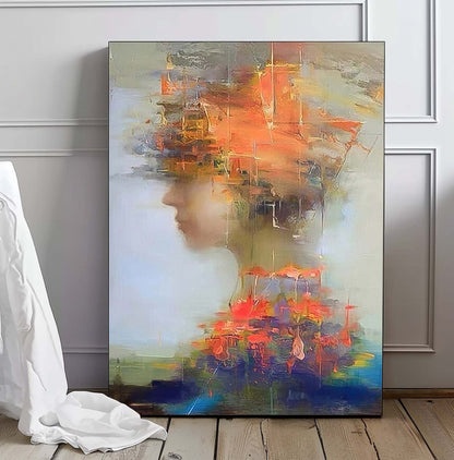 Abstract Oil Painting of a Woman with Vibrant Colors and Expressions