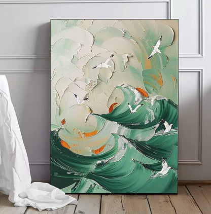 Serene Ocean Waves Oil Painting with Seagulls - Coastal Beach Art for Home Decor