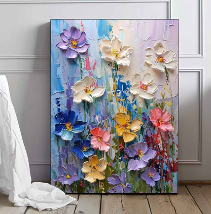 Vibrant Floral Oil Painting for Home Decor | Colorful Blooming Canvas Artwork