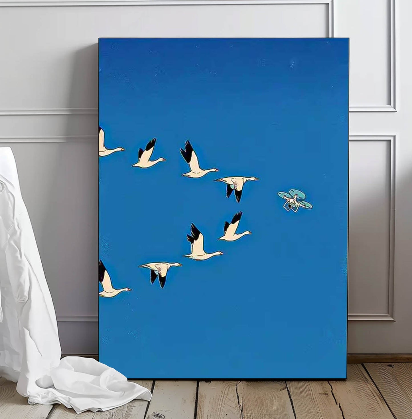 Elegant Minimalist Oil Painting of Geese in Flight against Vibrant Blue Sky