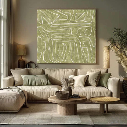 Abstract Green Lines Minimalist Oil Painting for Modern Home Decor