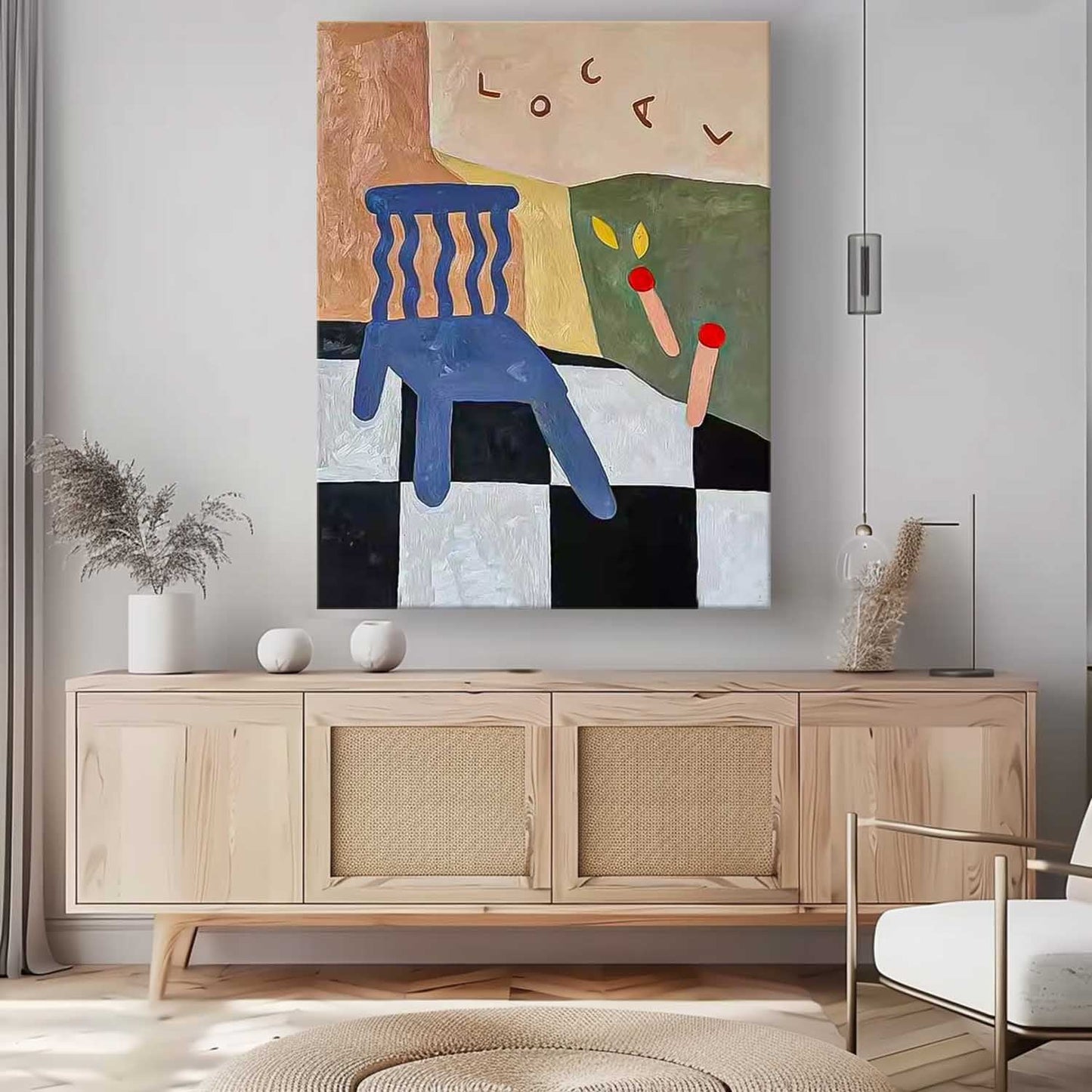 Colorful Abstract Oil Painting of a Chair with Geometric Elements for Modern Decor