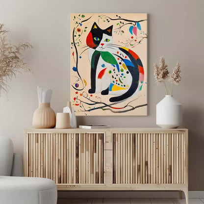 Whimsical Cat Oil Painting with Colorful Abstract Floral Accents