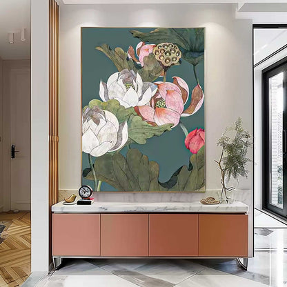 Elegant Lotus Flower Oil Painting on Canvas for Home Decor