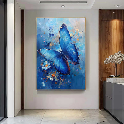 Vibrant Blue Butterfly Oil Painting with Floral Accents for Wall Décor