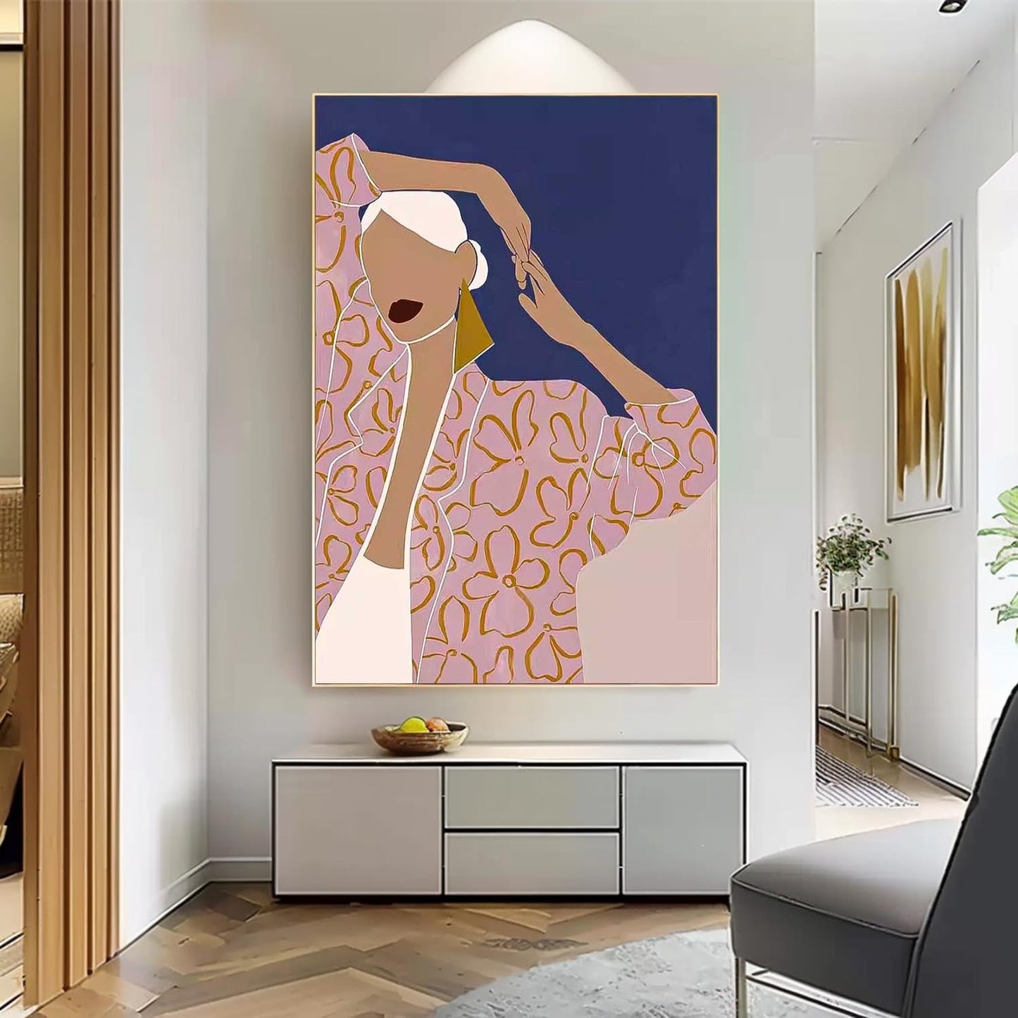Stylish Woman in Floral Blouse - Contemporary Oil Painting for Elegant Decor