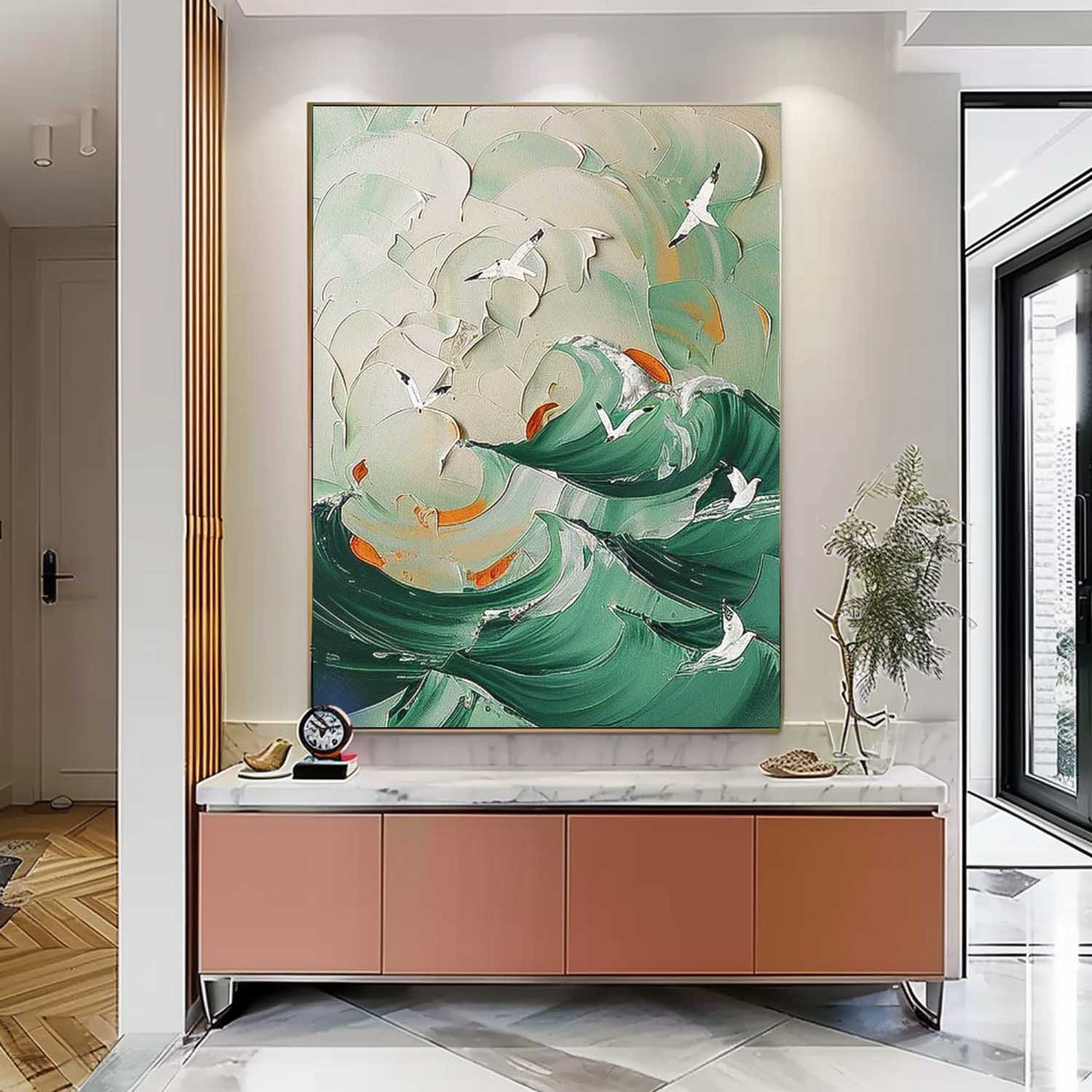Serene Ocean Waves Oil Painting with Seagulls - Coastal Beach Art for Home Decor