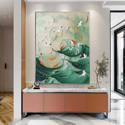 Serene Ocean Waves Oil Painting with Seagulls - Coastal Beach Art for Home Decor