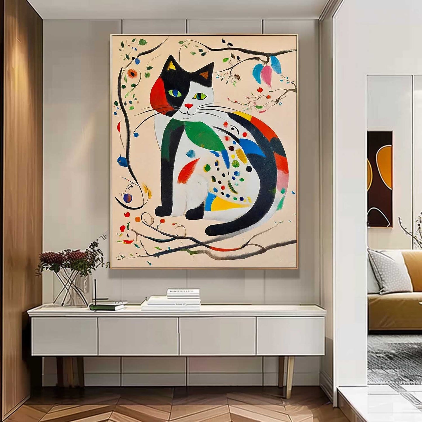 Whimsical Cat Oil Painting with Colorful Abstract Floral Accents