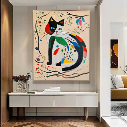 Whimsical Cat Oil Painting with Colorful Abstract Floral Accents
