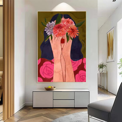 Vibrant Floral Embrace: Expressive Oil Painting of Hands and Blooms