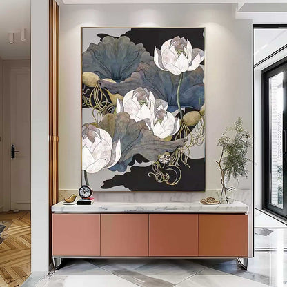 Elegant Flower Oil Painting - Serene Lotus Floral Wall Art for Home Decor