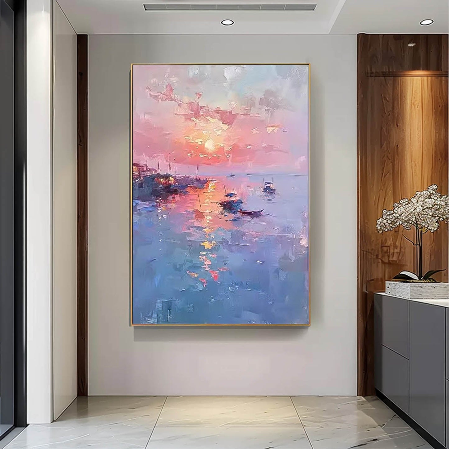 Serene Sunset Seascape Oil Painting with Boats and Reflective Water