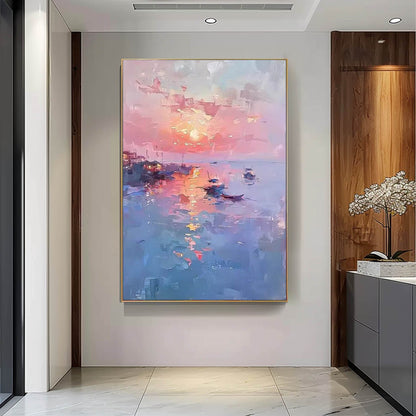 Serene Sunset Seascape Oil Painting with Boats and Reflective Water