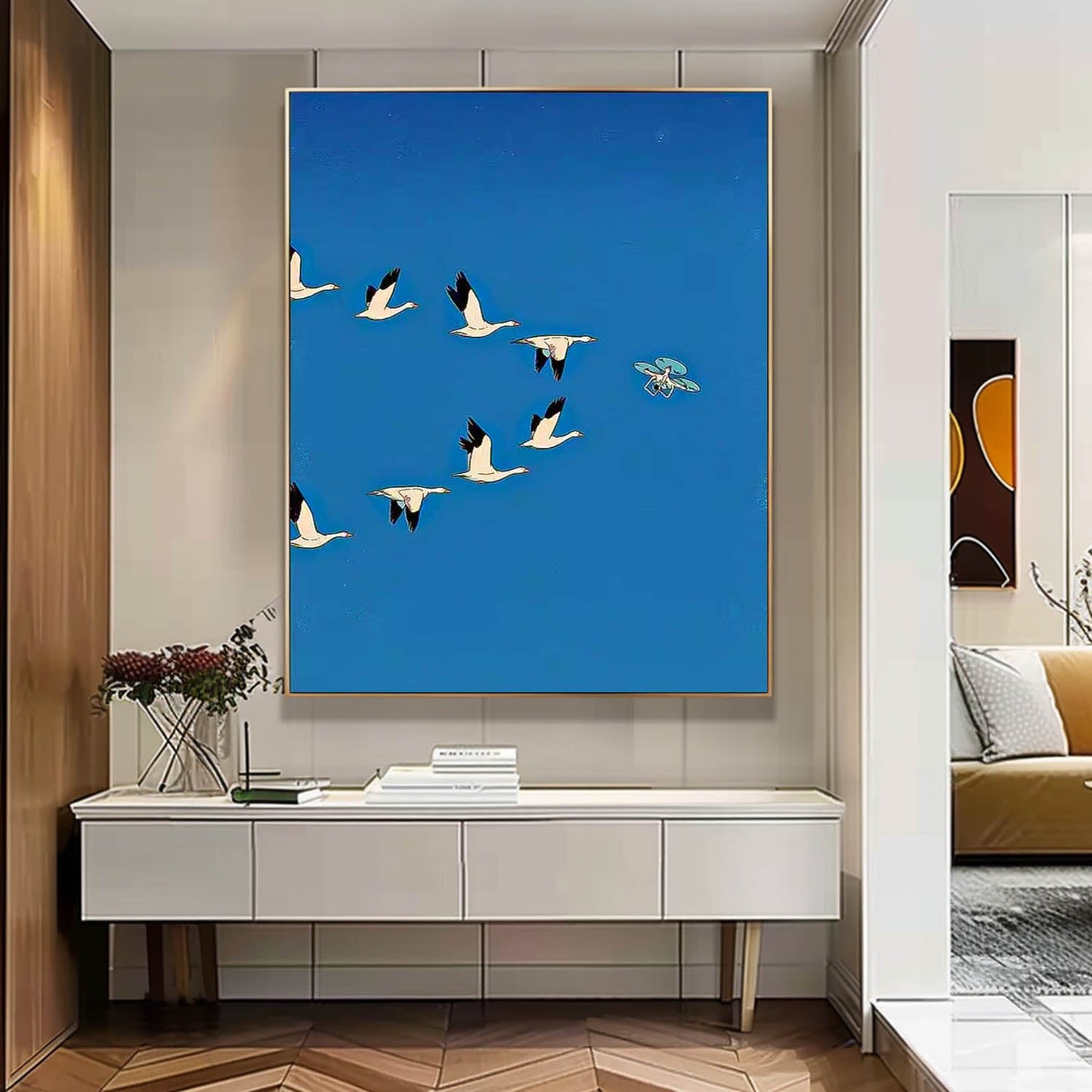 Elegant Minimalist Oil Painting of Geese in Flight against Vibrant Blue Sky