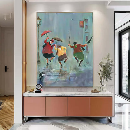Joyful Rain Dance - Vibrant Oil Painting of People with Umbrellas