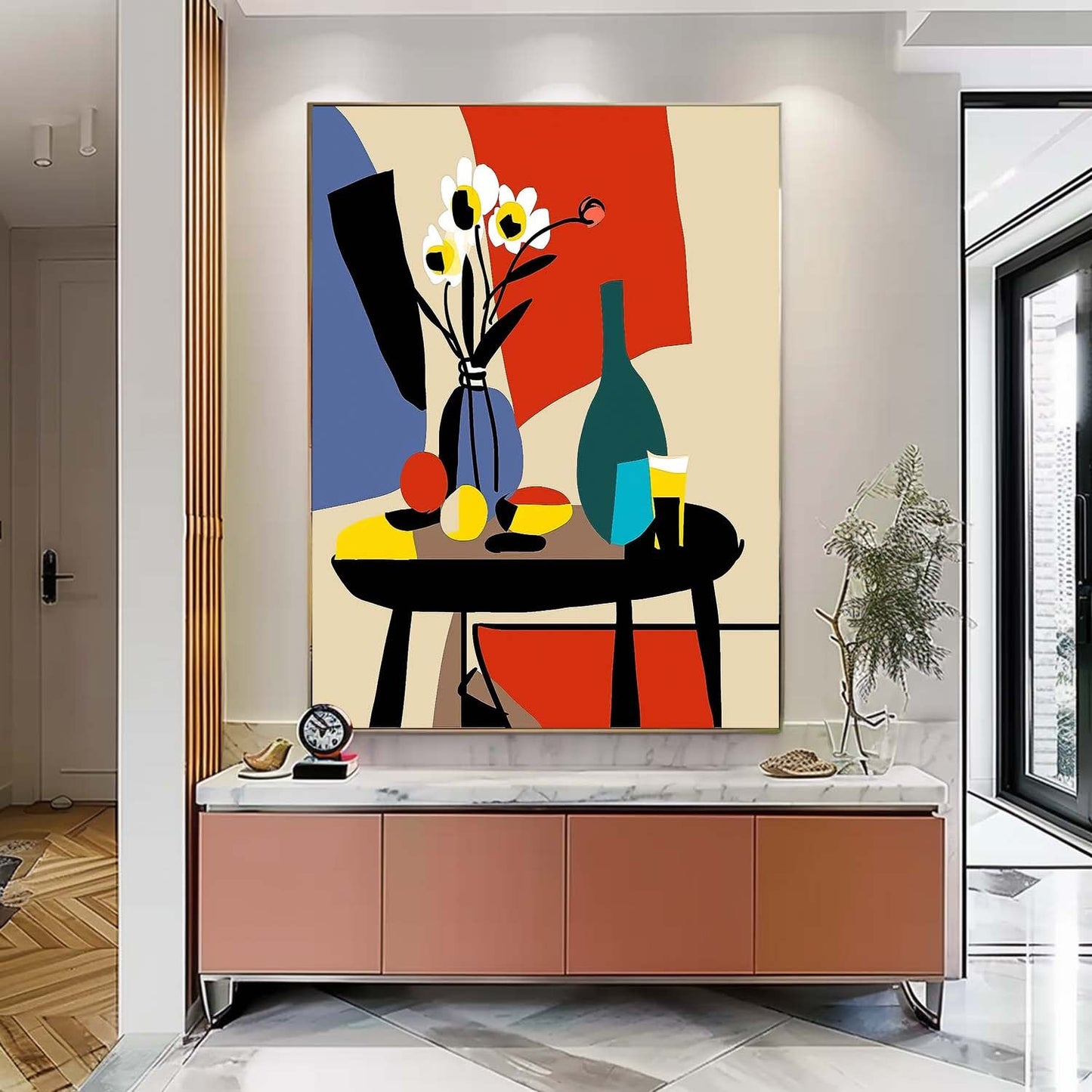 Modern Floral Still Life Oil Painting with Colorful Vase and Fruit Table Decor