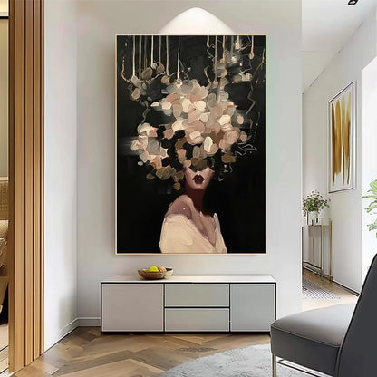 Elegant Woman with Floral Headpiece - Modern Oil Painting for Home Decor