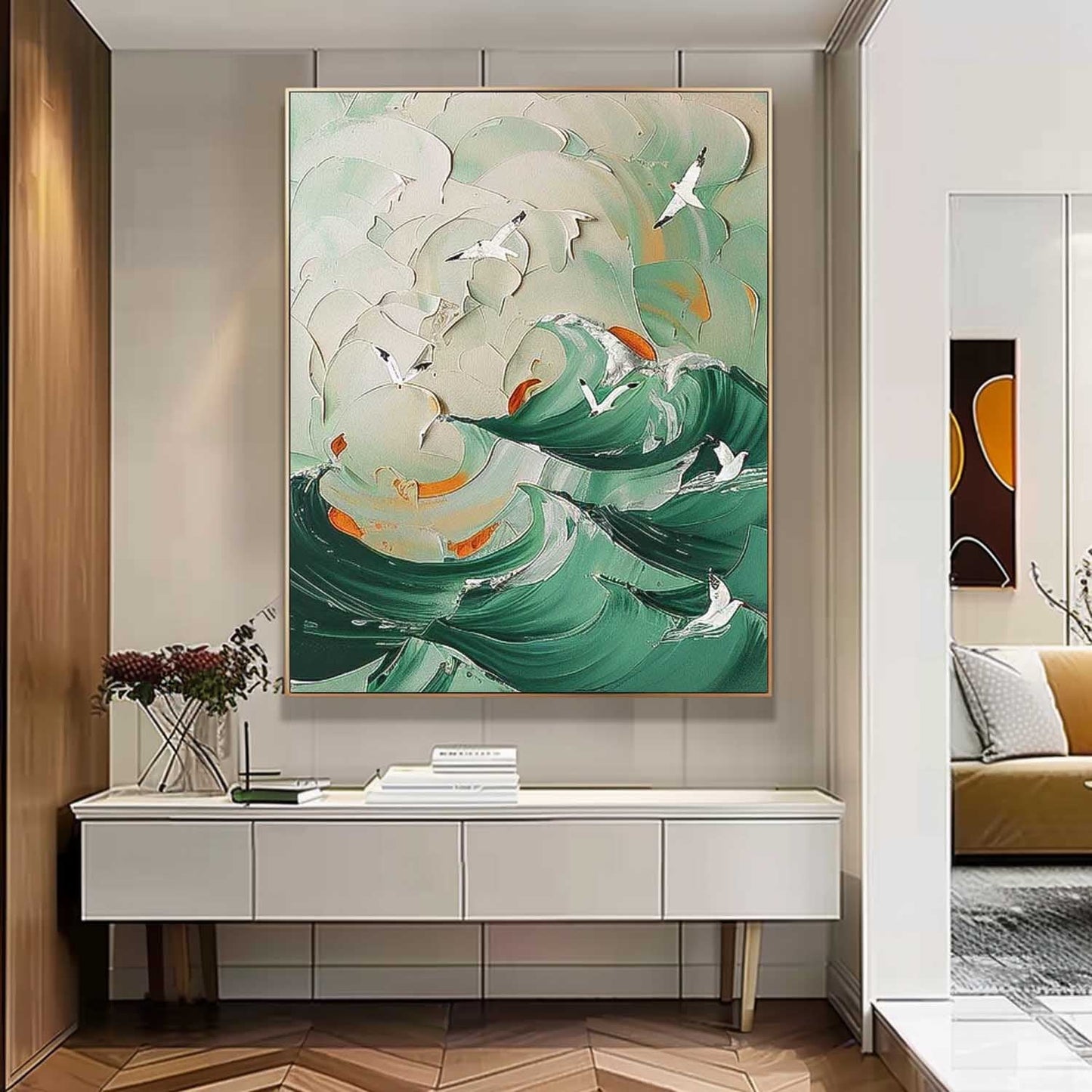 Serene Ocean Waves Oil Painting with Seagulls - Coastal Beach Art for Home Decor