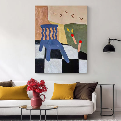 Colorful Abstract Oil Painting of a Chair with Geometric Elements for Modern Decor