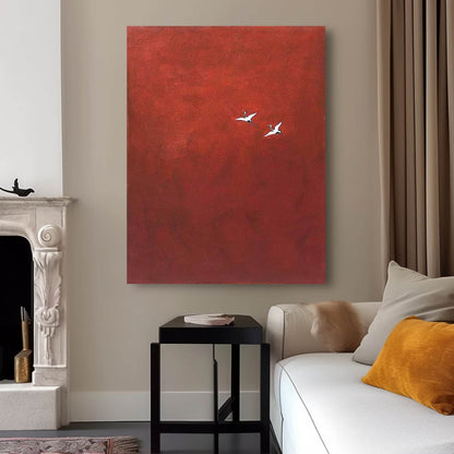 Elegant Red Minimalist Oil Painting with Birds in Flight for Modern Home Décor