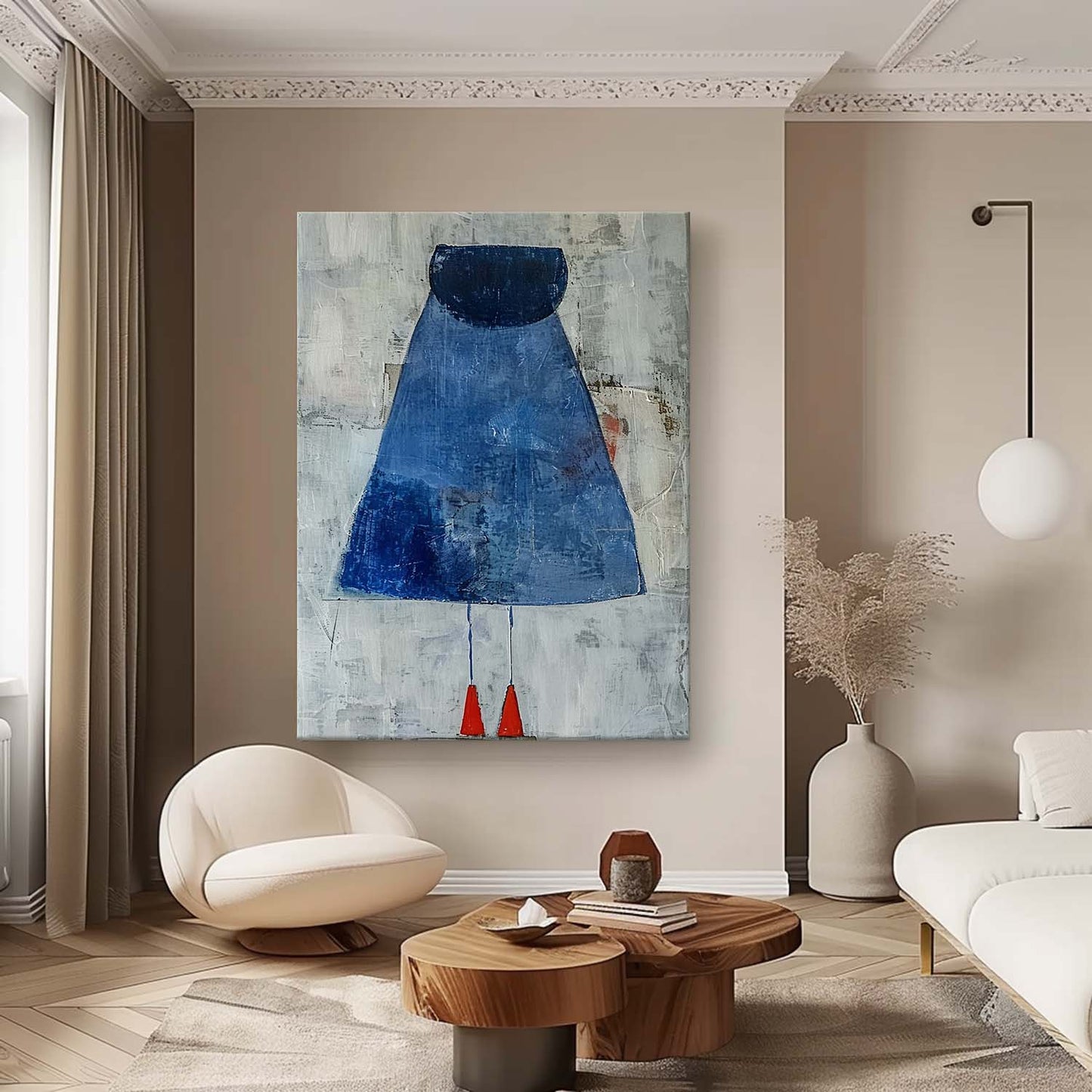 Contemporary Woman in Blue Dress - Abstract Minimalist Oil Painting for Modern Decor