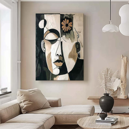 Abstract Faces Oil Painting with Flower Accent for Modern Home Decor