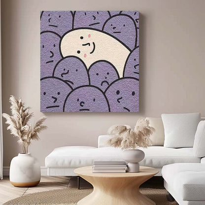 Charming Minimalist Oil Painting of Smiling Character Among Purple Faces