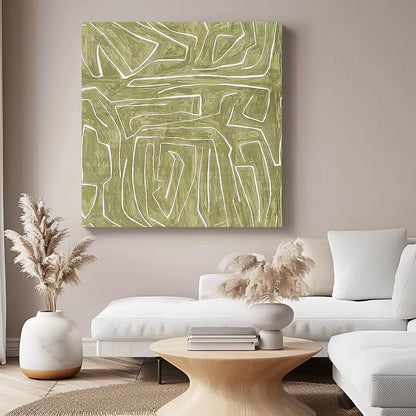 Abstract Green Lines Minimalist Oil Painting for Modern Home Decor