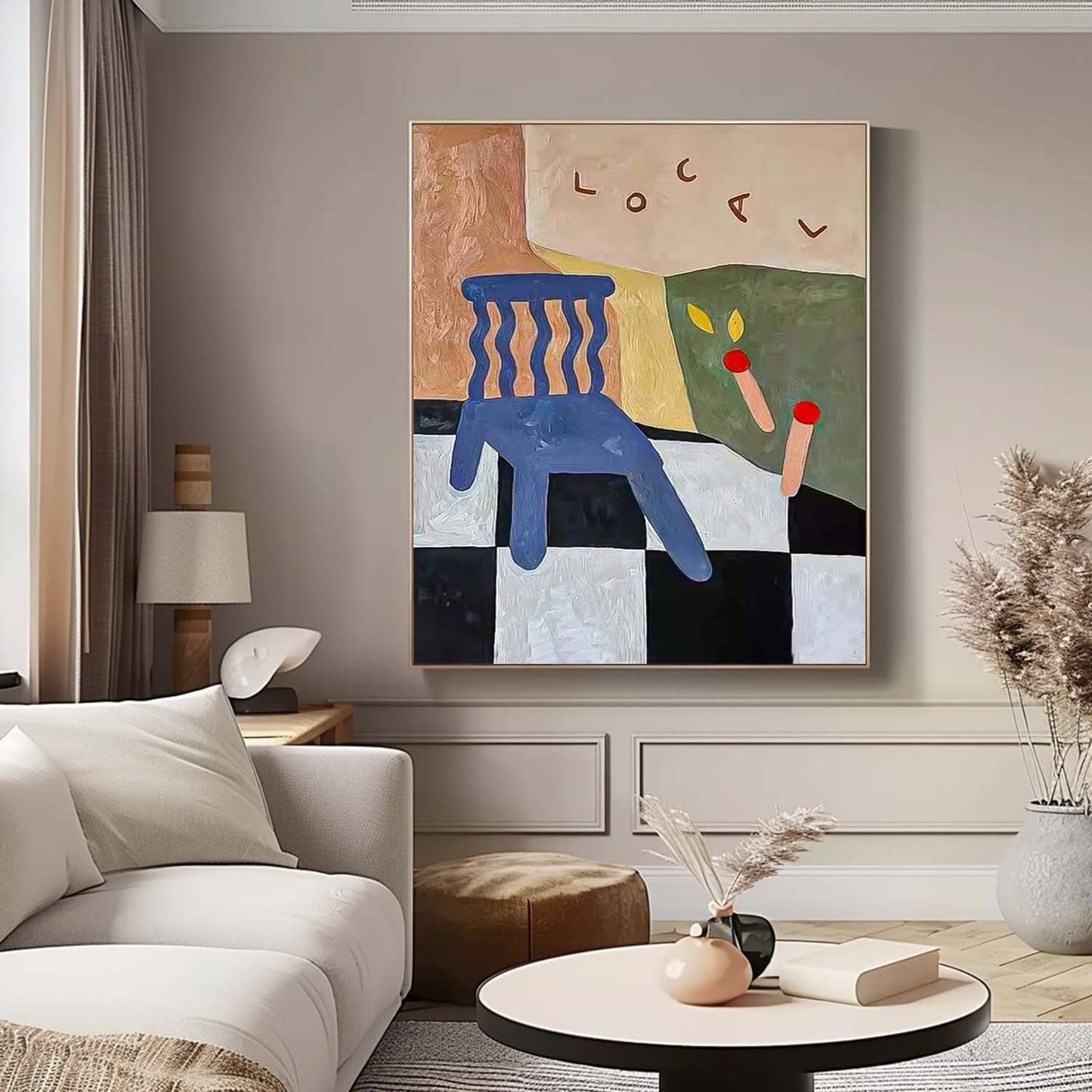 Colorful Abstract Oil Painting of a Chair with Geometric Elements for Modern Decor