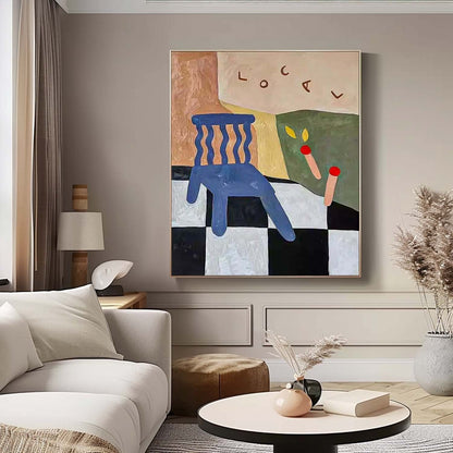 Colorful Abstract Oil Painting of a Chair with Geometric Elements for Modern Decor