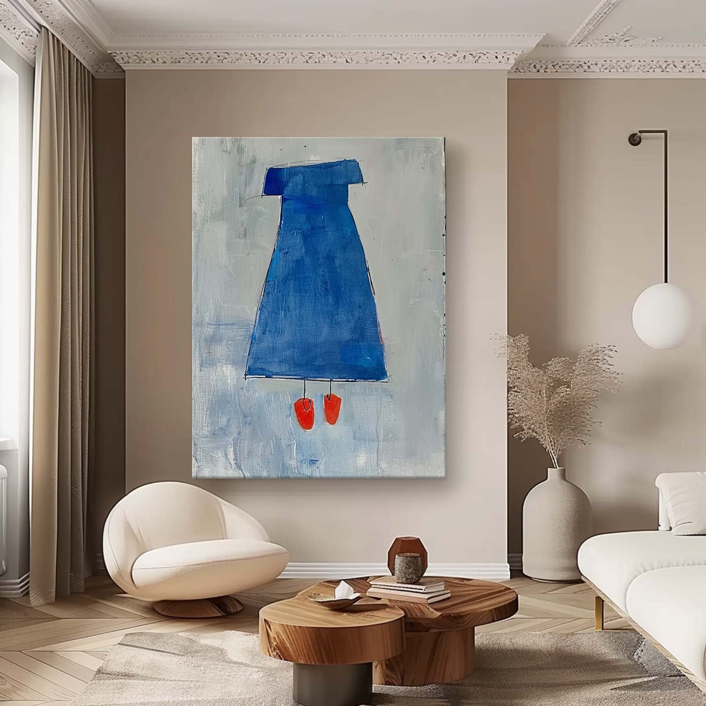 Chic Minimalist Blue Dress Oil Painting for Modern Home Decor
