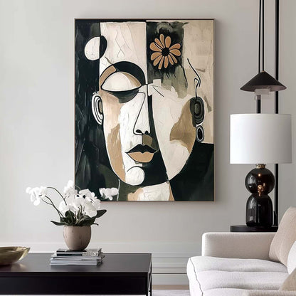 Abstract Faces Oil Painting with Flower Accent for Modern Home Decor