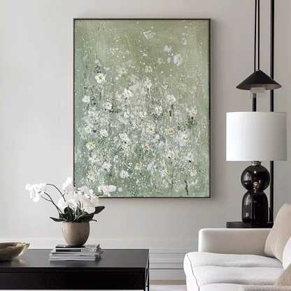 Elegant White Floral Oil Painting on Soft Green Canvas