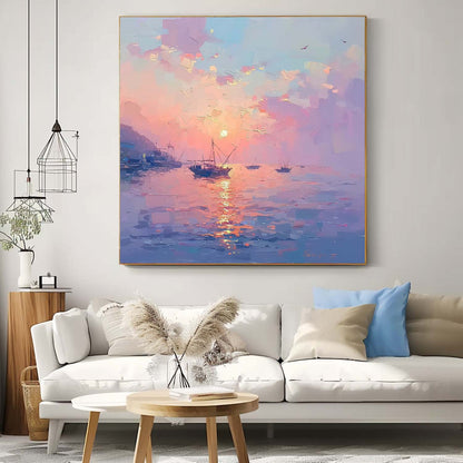 Majestic Sunset Over Tranquil Waters - Serene Oil Painting for Home Decor