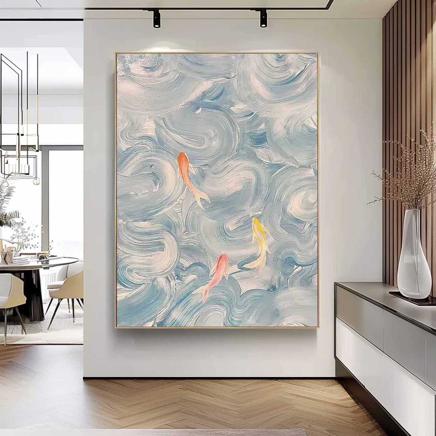 Tranquil Abstract Oil Painting with Colorful Fish in Flowing Waves