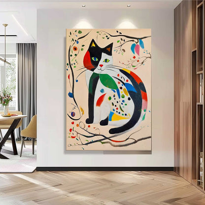 Whimsical Cat Oil Painting with Colorful Abstract Floral Accents