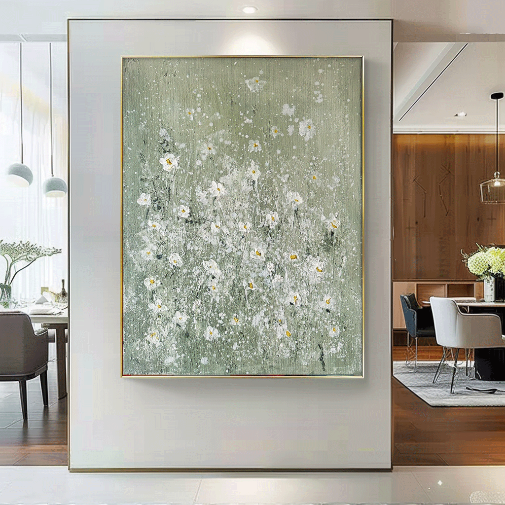 Elegant White Floral Oil Painting on Soft Green Canvas