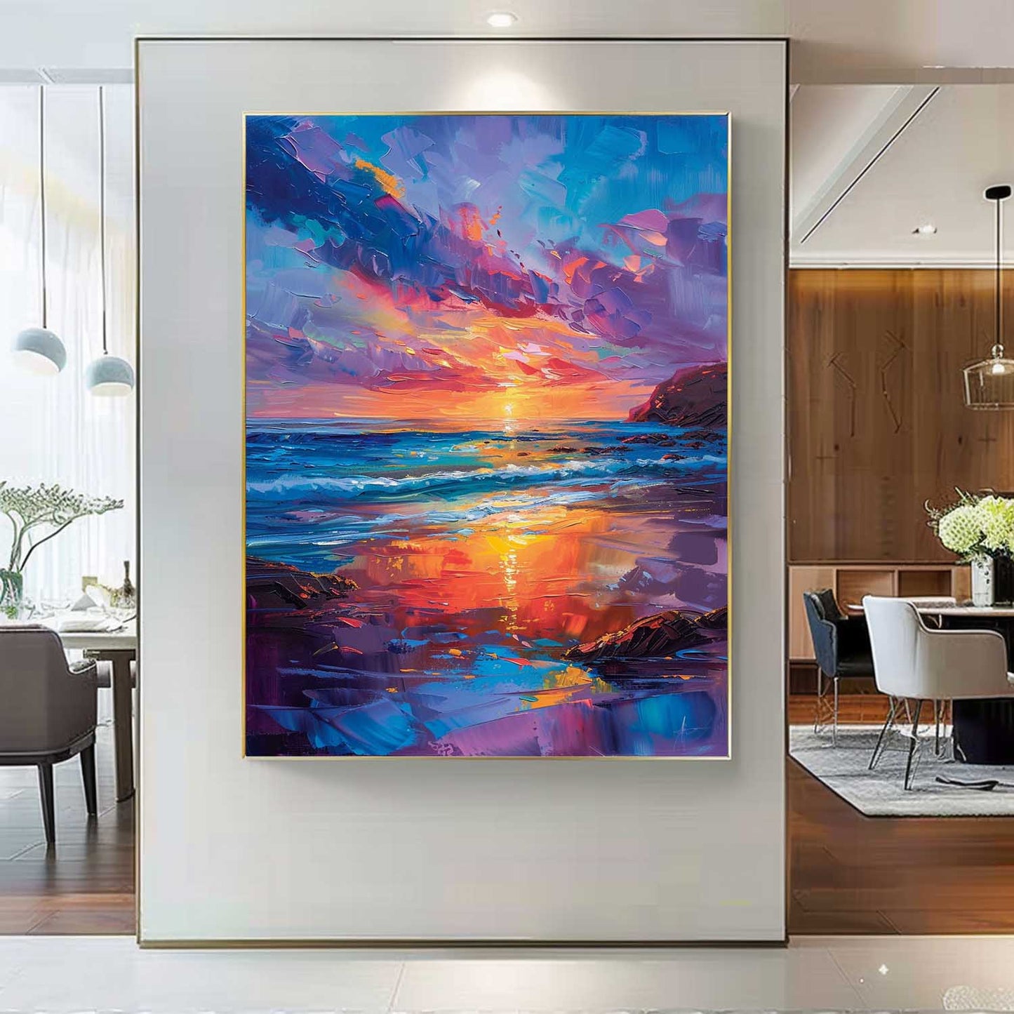 Vibrant Sunset Over Ocean Waves - Colorful Beach Oil Painting Wall Art