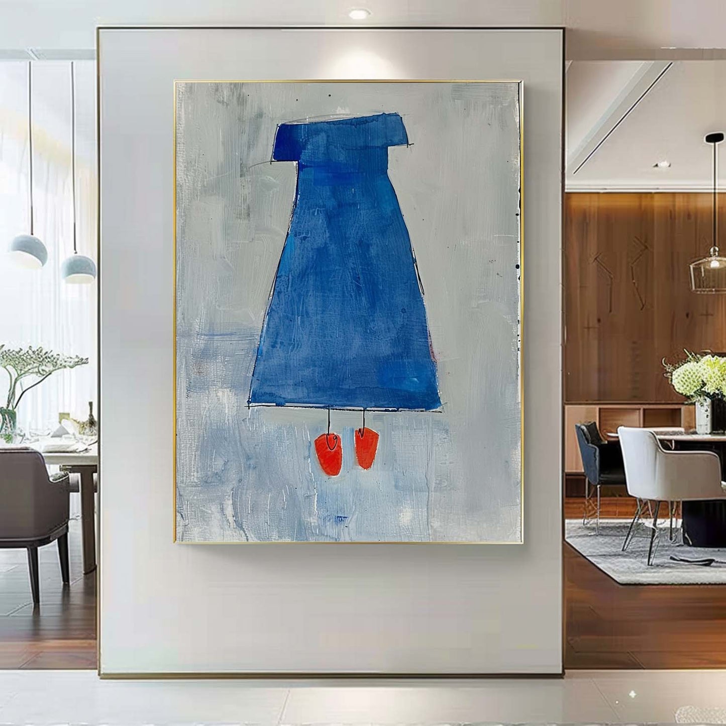 Chic Minimalist Blue Dress Oil Painting for Modern Home Decor