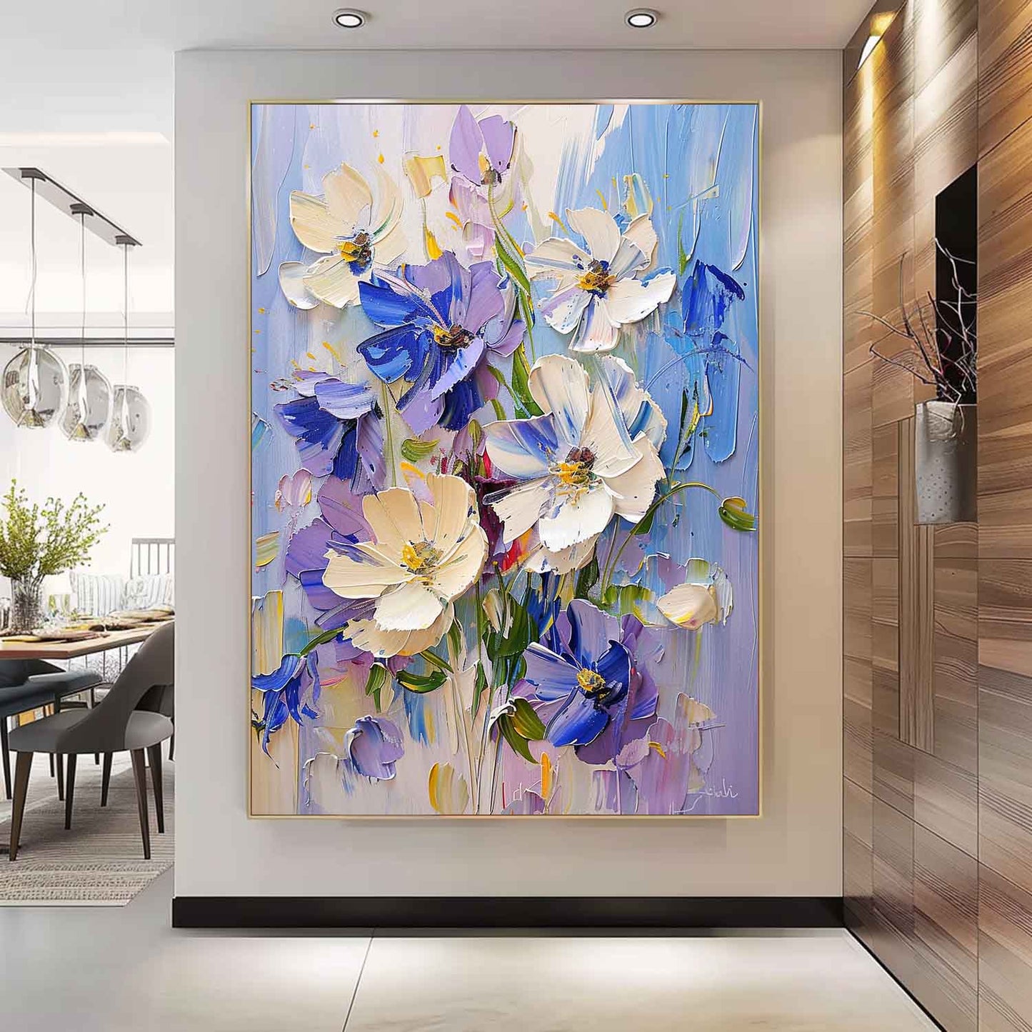 Vibrant Floral Oil Painting - Beautiful Blue and White Flower Art for Home Decor